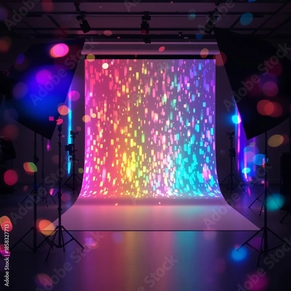 Obraz Vibrant studio backdrop with sparkling rainbow light effects.