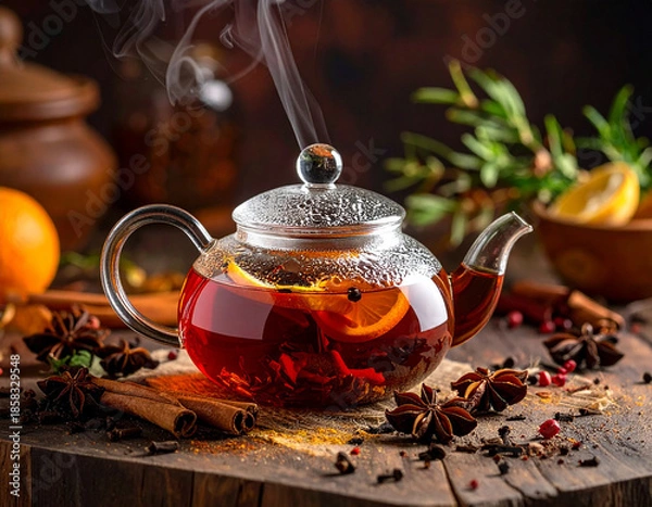 Fototapeta Spiced tea in teapot, Generated image	