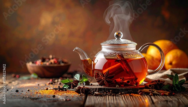 Fototapeta Spiced tea in teapot, Generated image	