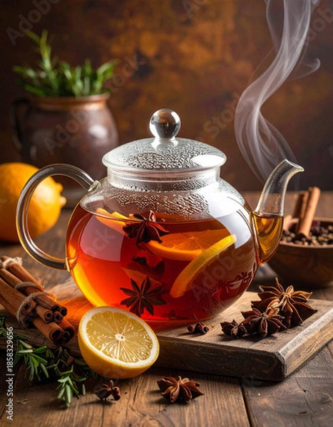 Fototapeta Spiced tea in teapot, Generated image	