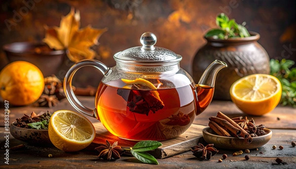 Fototapeta Spiced tea in teapot, Generated image	
