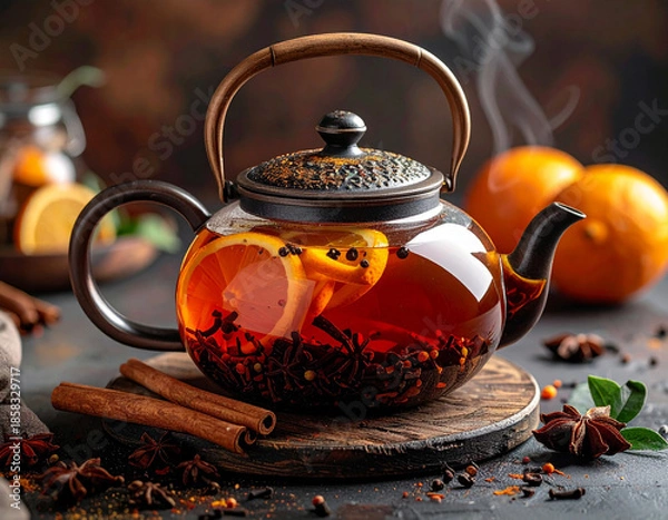 Fototapeta Spiced tea in teapot, Generated image	
