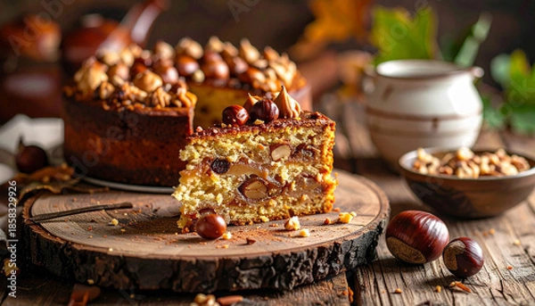 Fototapeta Chestnut cake slice, Generated image