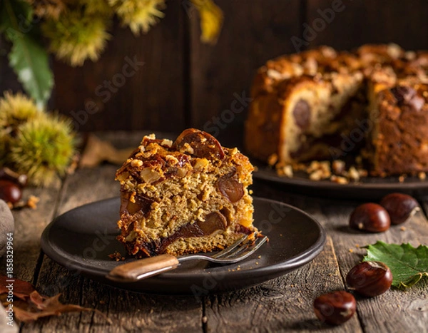 Fototapeta Chestnut cake slice, Generated image