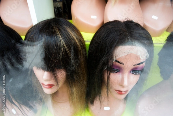 Obraz Perruques à vendre dans une vitrine 