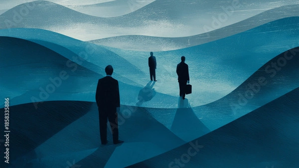 Fototapeta 日本人のベテラン管理職が藍の波間で方針を見定める抽象表現