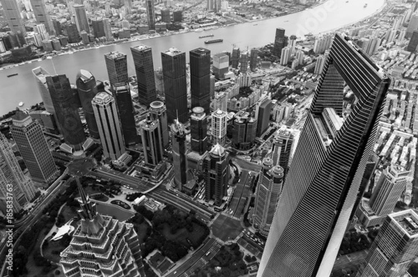 Fototapeta Looking Down at Shanghai World Financial Center Skyscraper Reflections Huangpu River Cityscape Liujiashui Financial District Shanghai China.