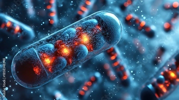 Obraz Macro view of glowing, capsule-shaped structures against a blurred, blue backdrop