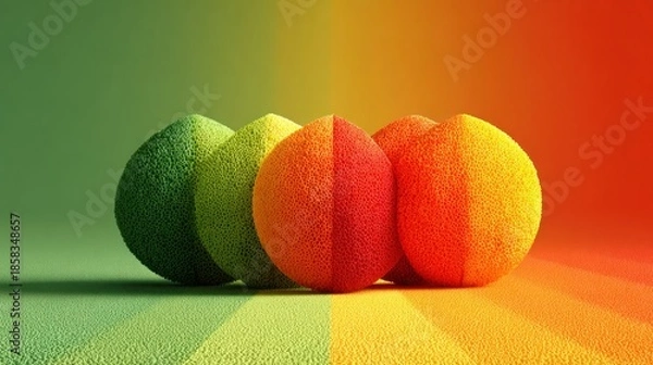 Obraz Vibrant gradient spheres transitioning colors, from green to red, with textured surfaces