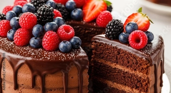 Obraz Indulgent chocolate cake masterpiece adorned with fresh mixed berries and a decadent chocolate glaze