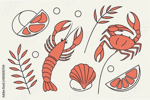 Obraz Seafood Flat Lay Composition  Minimal Vector  Isol (8) Vector Illustration