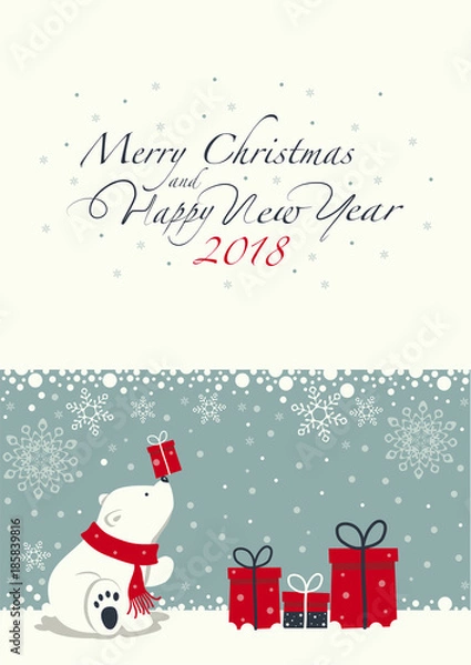 Fototapeta Depicts a seated little polar bear with gift box on the nose. The white Polar bear with the red scarf. Phrase merry Christmas and a happy New year ,numbers 2,0,1,8 on the white background.