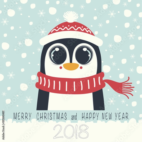 Fototapeta The cover design. Depicts a penguin in a hat and a scarf. In the bottom of the image the phrase merry Christmas and happy new year on the blue background and number 2,0,1,8