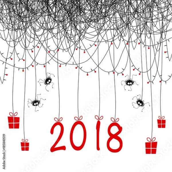 Fototapeta The cover design. Four spider and numbers 2,0,1,8 hang on the web. On the web the garland of candles and red balls. Hanging gift boxes with gifts.