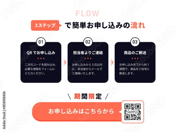 Obraz ミッドナイトブルーとリビングコーラルの2色配色、「3ステップで簡単お申し込みの流れ」の解説フロー図とQRコード付きCTAボタンを含むUIテンプレート