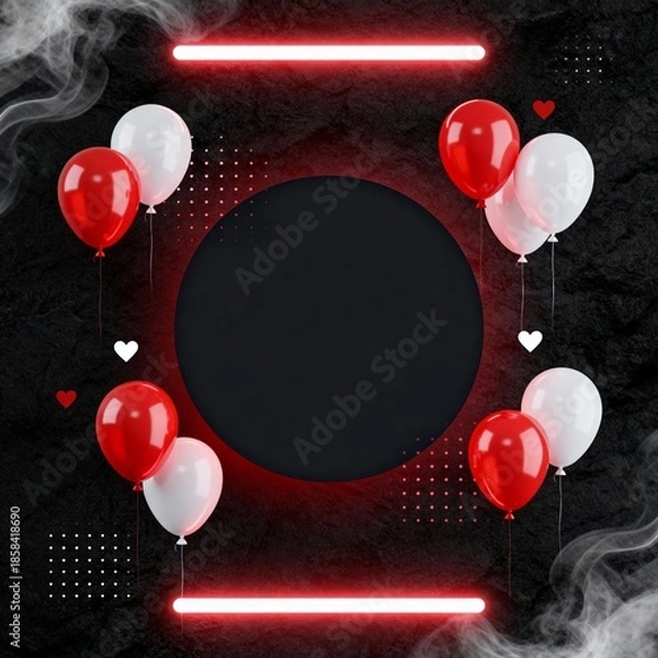 Obraz Modern happy birthday card with red and white balloons neon frame on dark background