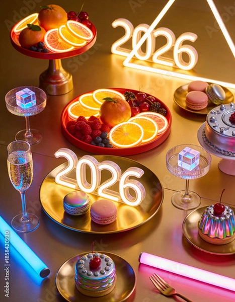 Fototapeta Top-down view of a luxury New Year 2026 brunch spread with glowing fruit arrangements, futuristic desserts, sparkling beverages, and neon table decorations, premium festive dining concept