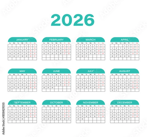 Obraz Simple 2026 Full Year Calendar Modern & Simple Planner Template Vector