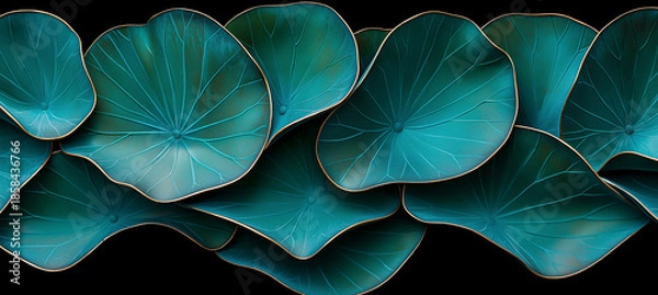 Fototapeta Teal lotus leaves gold trimmed black background pattern nature design