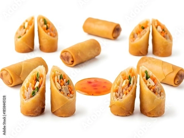 Obraz Spring Rolls with Dipping Sauce on White Background
