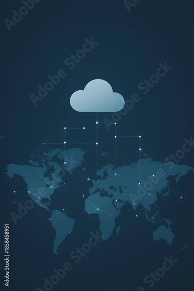 Obraz Cloud computing concept over world map showing connected nodes representing global data storage cloud services and digital networks
