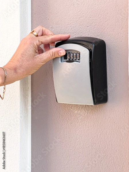Fototapeta Hand inputting code on key lockbox for access