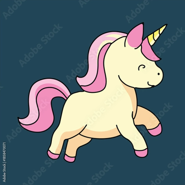 Obraz A cute cartoon unicorn with a cheerful expression and vibrant pink mane and tail prancing