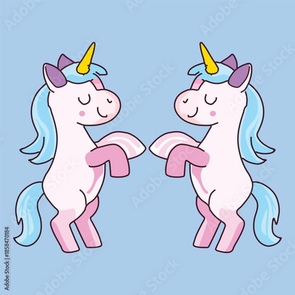 Obraz Adorable cartoon unicorns with bright blue manes and golden horns