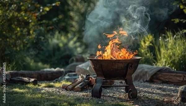 Fototapeta Open flame in a metal brazier, highlighting maintenance for outdoor heating, Earth Day