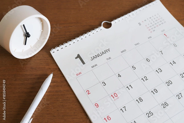 Fototapeta 1月のカレンダーと時計　スケジュール