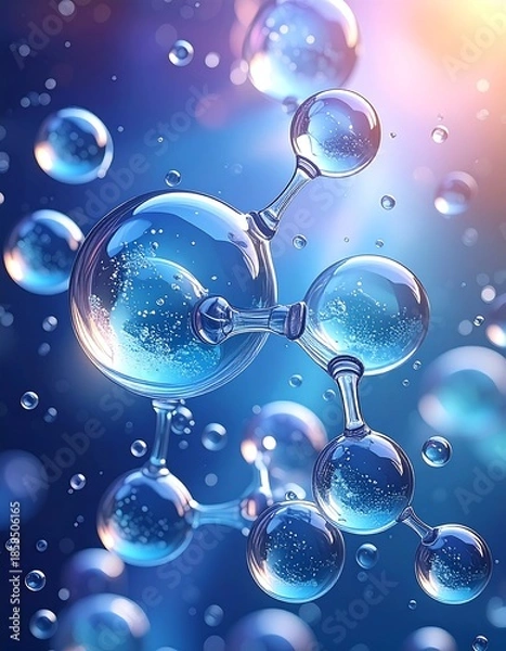 Obraz Molecular structure visualization, abstract blue spheres with glowing background