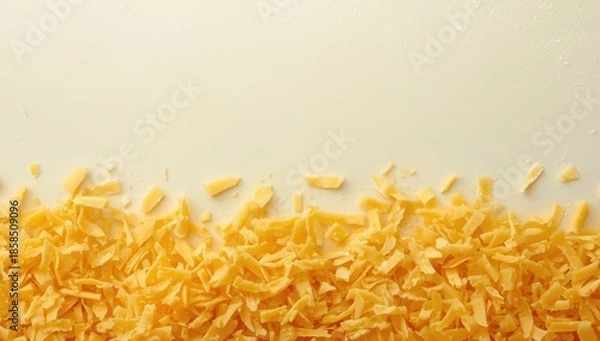Obraz Shredded cheese surface serving as a background for culinary display or editorial layout, highlighting texture