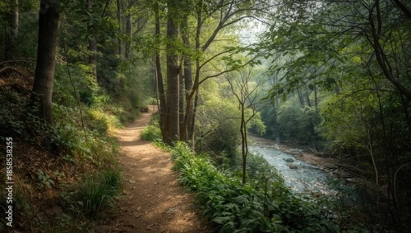 Obraz Caledonia trail in Troodos National Forest Park, featuring lush forest terrain and Kryos Potamos river, focused on conservation efforts
