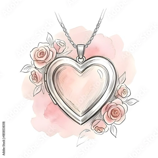 Obraz Heart locket illustration with pink roses