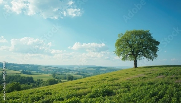 Obraz Lush greenery covering rural terrains with vibrant summer sky and white clouds, landscape photography, Earth Day