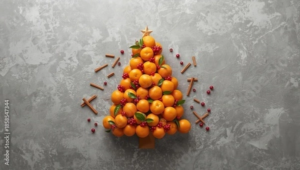 Obraz Orange-shaped tree sculpture placed on gray stone, highlighting decorative fruit art