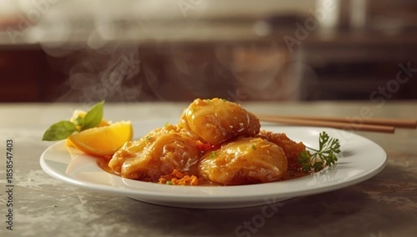 Obraz Orange chicken, breaded and fried chicken topped with tangy orange sauce, suitable for flavorful meals
