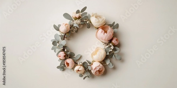 Obraz Peony flower buds and eucalyptus foliage forming a floral wreath, suitable for background or layout, World Environment Day