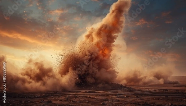 Fototapeta Construction explosion generates rock dust clouds, highlighting site safety measures and dust control