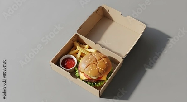 Fototapeta Burger Box Packaging Flat Lay
