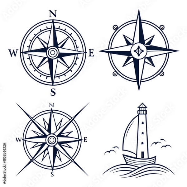 Obraz Compass and lighthouse illustration