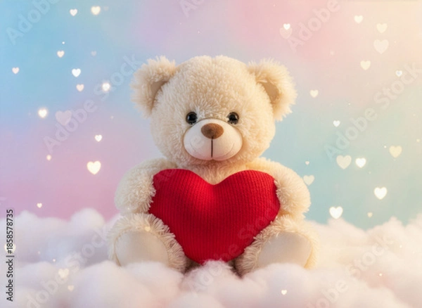 Obraz Ourson en peluche tenant un cœur rouge, ambiance Saint-Valentin