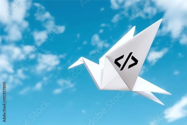 Obraz paper crane fly on blue sky with coding symbol for. Creative programming and technology startup
