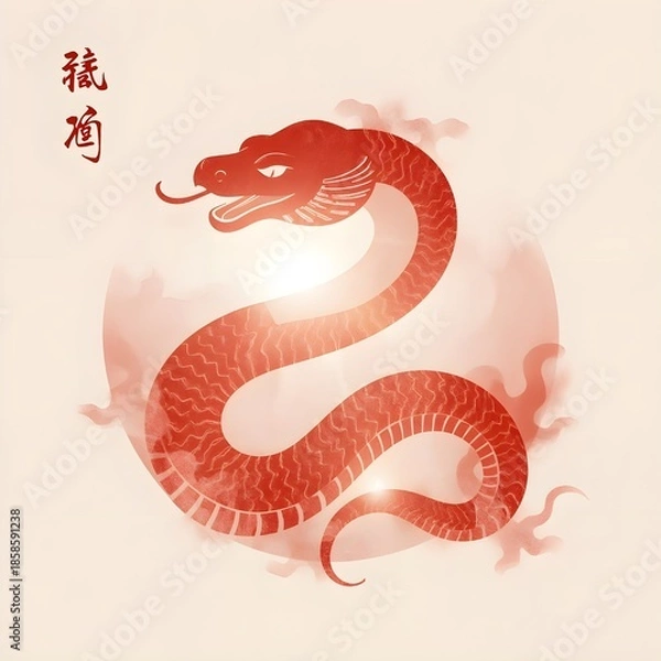 Fototapeta Chinese Zodiac Snake Symbol for Lunar New Year Celebration, Year of the Snake Chinese Zodiac Illustration in Red and Gold. 