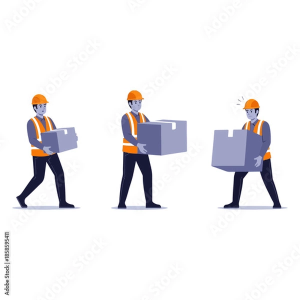 Fototapeta Three construction workers carrying boxes in a row.