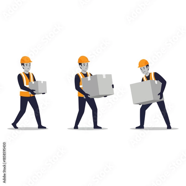 Fototapeta Three construction workers carrying concrete blocks.