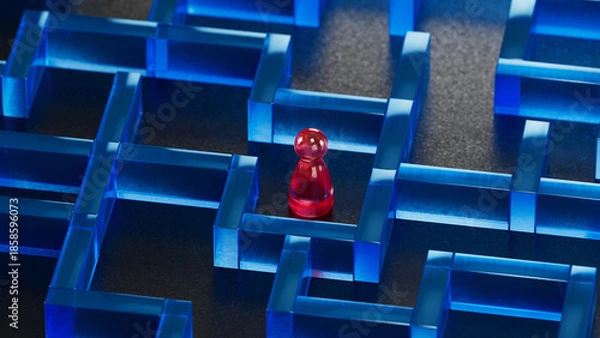 Obraz Red Piece Navigates: Inside a Blue Block Maze
