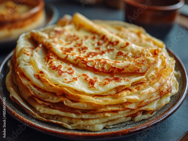 Obraz Stacked golden brown crepes on plate for breakfast