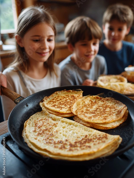 Obraz Kids watching fresh pancakes cooking in a skillet