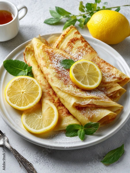 Obraz Crepes with lemon slices and powdered sugar